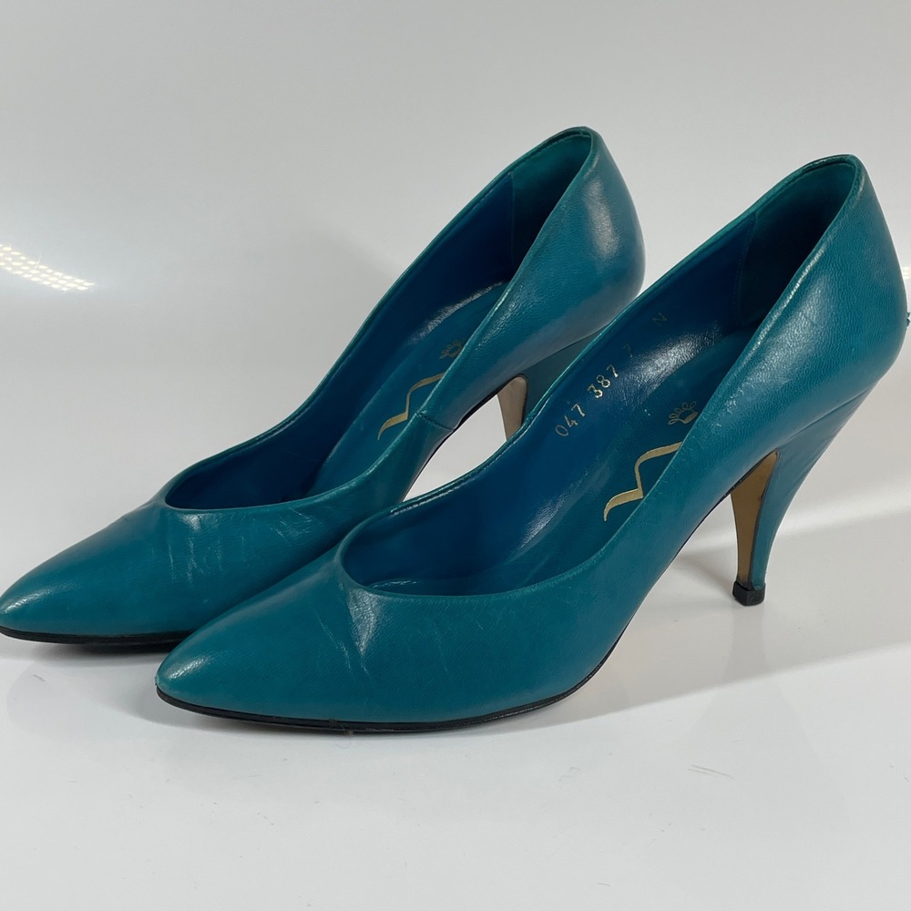 Vintage Nina Turquoise Blue Leather 80s High Heel Pumps Size 6-6.5 Halloween